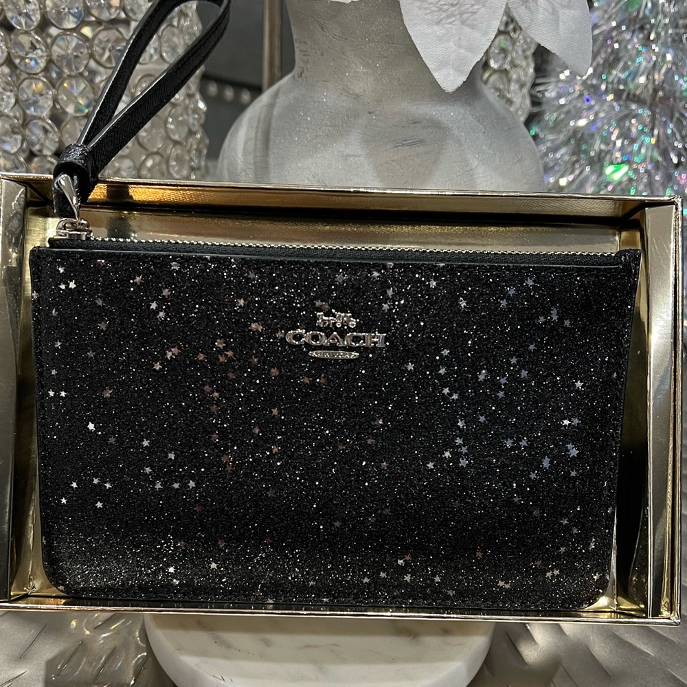 New Coach Wristlet Black/Silver Glitter